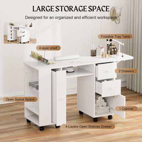 TTGIEET Manicure Station with Storage Drawers and Cabinet, Nail Tech Table with Foldable Tabletop, Nail Station with Lockable Wheels, Wrist Cushion, Nail Organizer & Foldable Trash Rack