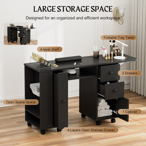 TTGIEET Manicure Station with Storage Drawers and Cabinet, Nail Tech Table with Foldable Tabletop, Nail Station with Lockable Wheels, Wrist Cushion, Nail Organizer & Foldable Trash Rack