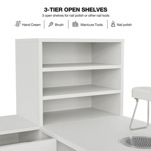 TTGIEET L-Shaped Manicure Table Nail Station with Shelves, Nail Tech Table Nail Table Station w/Dust Collector, Storage Cabinets, Drawers, Metal Handles & Legs