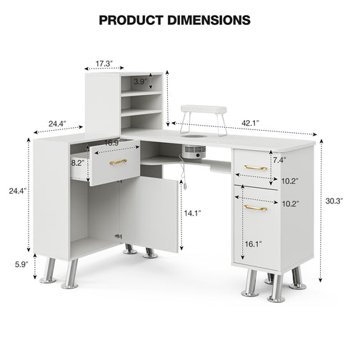TTGIEET L-Shaped Manicure Table Nail Station with Shelves, Nail Tech Table Nail Table Station w/Dust Collector, Storage Cabinets, Drawers, Metal Handles & Legs
