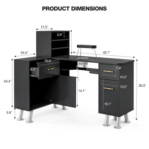TTGIEET L-Shaped Manicure Table Nail Station with Shelves, Nail Tech Table Nail Table Station w/Dust Collector, Storage Cabinets, Drawers, Metal Handles & Legs