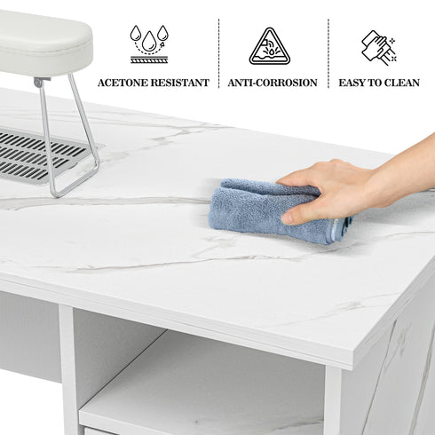 TTGIEET Manicure Table Nail Station with Power Outlets, Marble Grained Nail Tech Table Nail Table Station w/Dust Collector, Non-Woven Drawers, Desk Lamp & Wrist Cushion