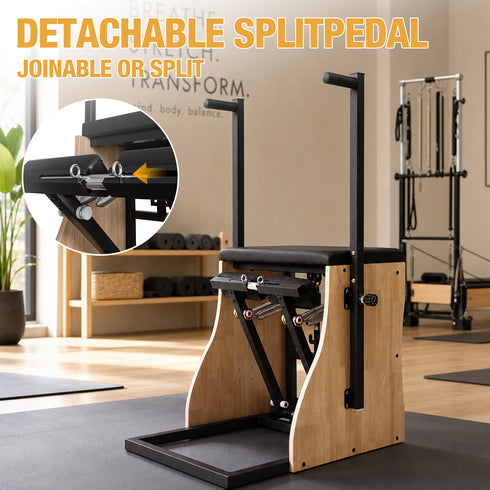 TTGIEET Wood Pilates Reformer Chair with Adjustable Resistance Springs, Split Pedals & Handles, Home Gym Core Trainer for Rehab