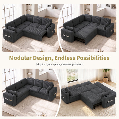 TTGIEET 5-Seater L-Shaped Reversible Sectional Sleeper Sofa, Pull-Out Sofa Bed with Storage & Cup Holders & Adjustable Backrest, Corduroy Couch for Living Room