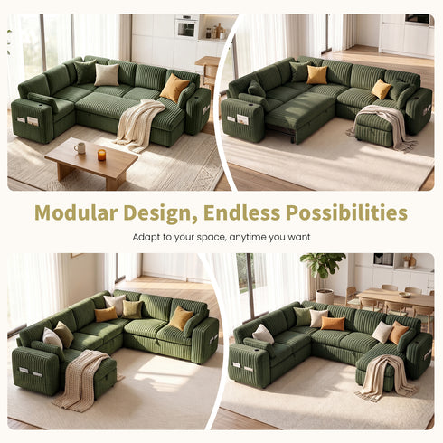 TTGIEET 7-Seater U-Shaped Sectional Sleeper Sofa, Reversible Pull-Out Sofa Bed with Storage & Cup Holders, Corduroy Couch for Living Room