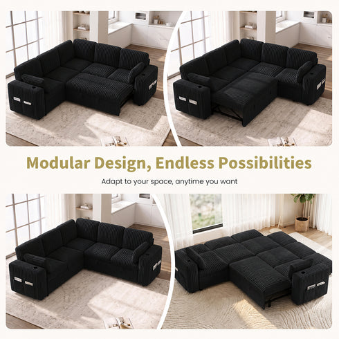 TTGIEET 5-Seater L-Shaped Reversible Sectional Sleeper Sofa, Pull-Out Sofa Bed with Storage & Cup Holders & Adjustable Backrest, Corduroy Couch for Living Room