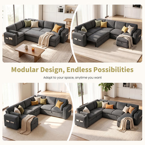 TTGIEET 7-Seater U-Shaped Sectional Sleeper Sofa, Reversible Pull-Out Sofa Bed with Storage & Cup Holders, Corduroy Couch for Living Room