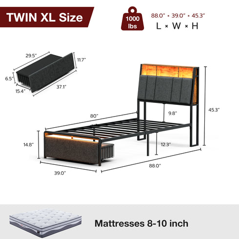 TTGIEET Twin XL Upholstered Bed Frame w/ Storage Headboard, Drawer, Charging & LED, Dark Grey, No Box Spring