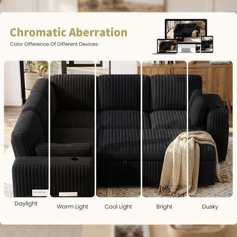 TTGIEET 5-Seater L-Shaped Reversible Sectional Sleeper Sofa, Pull-Out Sofa Bed with Storage & Cup Holders & Adjustable Backrest, Corduroy Couch for Living Room