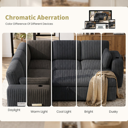 TTGIEET 5-Seater L-Shaped Reversible Sectional Sleeper Sofa, Pull-Out Sofa Bed with Storage & Cup Holders & Adjustable Backrest, Corduroy Couch for Living Room