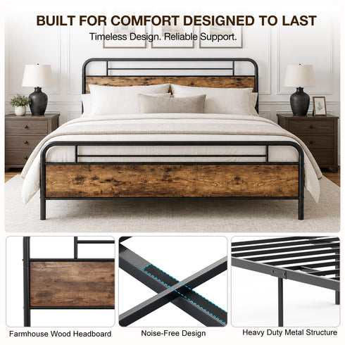 TTGIEET California King Metal Bed Frame w/Wooden Headboard, Footboard, Heavy Duty Steel Slats, Farmhouse Platform Bed Frame w/12" Under Bed Storage, No Box Spring Needed（Rustic Brown）