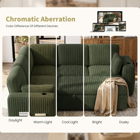 TTGIEET 5-Seater L-Shaped Reversible Sectional Sleeper Sofa, Pull-Out Sofa Bed with Storage & Cup Holders & Adjustable Backrest, Corduroy Couch for Living Room