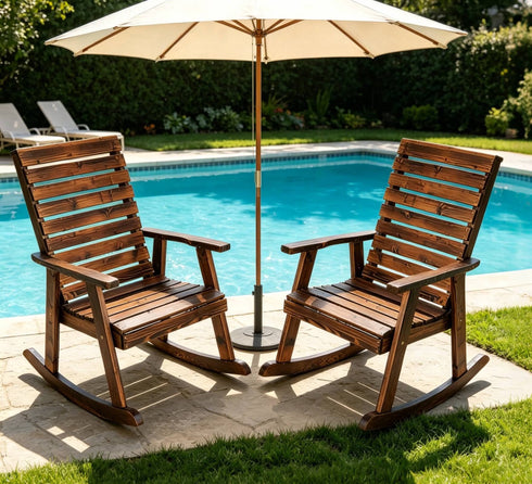 TTGIEET Outdoor Solid Wood Rocking Chairs Set of 2 for Adults, 2PCS Patio Rockers with High Back for Porch, Garden, Lawn, Brown