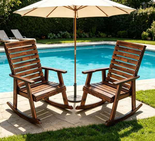 TTGIEET Outdoor Solid Wood Rocking Chairs Set of 2 for Adults, 2PCS Patio Rockers with High Back for Porch, Garden, Lawn, Brown