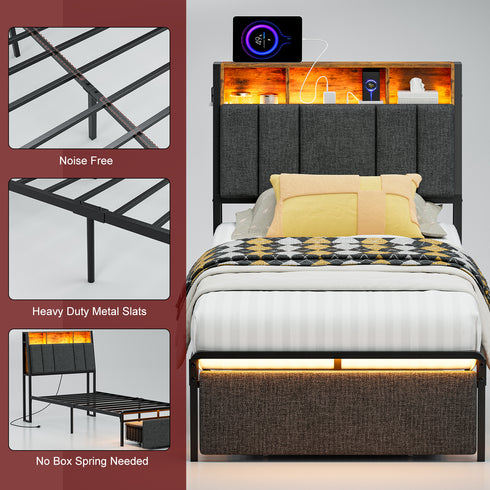 TTGIEET Twin XL Upholstered Bed Frame w/ Storage Headboard, Drawer, Charging & LED, Dark Grey, No Box Spring
