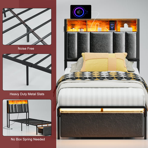 TTGIEET Twin XL Upholstered Bed Frame w/ Storage Headboard, Drawer, Charging & LED, Dark Grey, No Box Spring