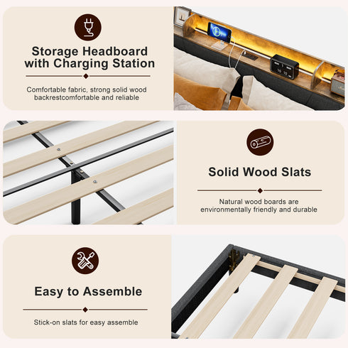 TTGIEET LED King Size Bed Frame with Charging Station & Storage Headboard – Upholstered Metal Platform, Solid Wood Slats, Noise Free, No Box Spring Needed, Easy Assembly, Black