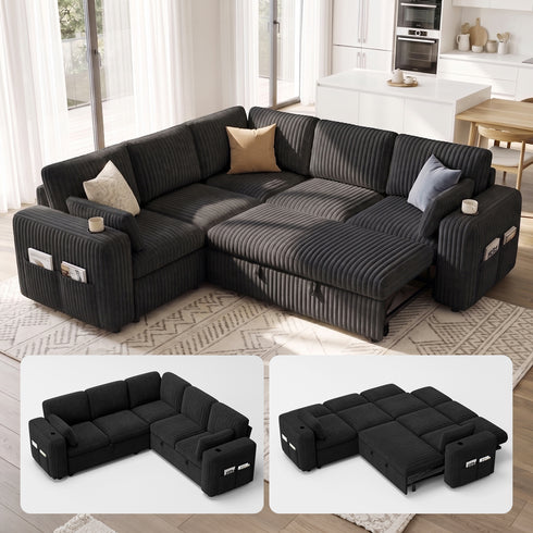 TTGIEET 5-Seater L-Shaped Reversible Sectional Sleeper Sofa, Pull-Out Sofa Bed with Storage & Cup Holders & Adjustable Backrest, Corduroy Couch for Living Room