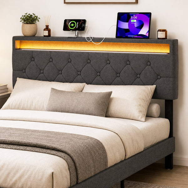 TTGIEET Queen Size Upholstered Headboard with LED Lights, USB & Type C Ports, Adjustable Height, Button Tufted Linen Padded Head Board Only, Easy Assembly, Dark Grey