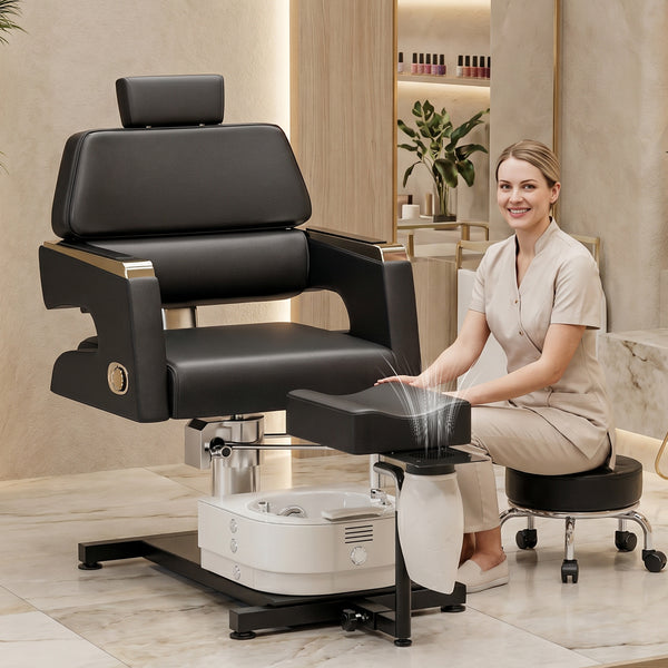 TTGIEET Black Hydraulic Pedicure Chair for Nail Tech with Foot Spa Basin, Adjustable Footrest & Technician Stool