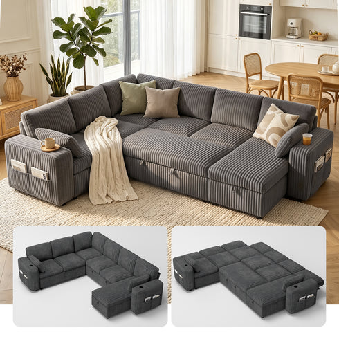 TTGIEET 7-Seater U-Shaped Sectional Sleeper Sofa, Reversible Pull-Out Sofa Bed with Storage & Cup Holders, Corduroy Couch for Living Room