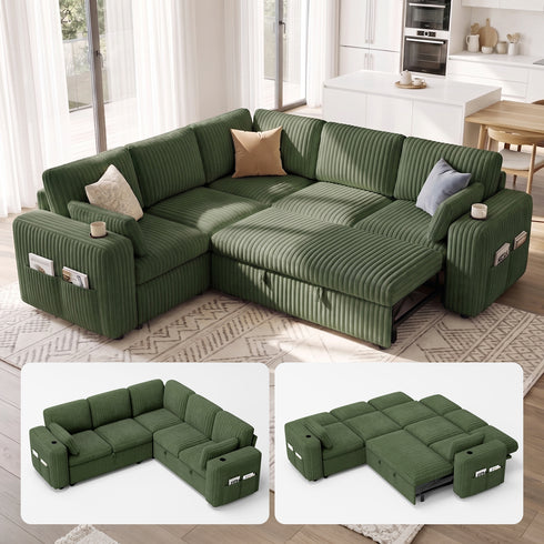 TTGIEET 5-Seater L-Shaped Reversible Sectional Sleeper Sofa, Pull-Out Sofa Bed with Storage & Cup Holders & Adjustable Backrest, Corduroy Couch for Living Room