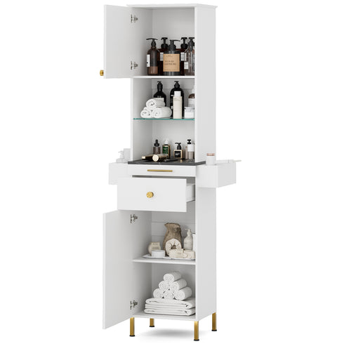 TTGIEET Salon Stations for Hair Stylist, Barber Station w/Glass Shelf & Golden Handles, Hair Salon Station Beauty Salon Spa Equipment w/6 Hair Dryer Holders, 2 Storage Cabinet & Drawers