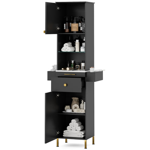 TTGIEET Salon Stations for Hair Stylist, Barber Station w/Glass Shelf & Golden Handles, Hair Salon Station Beauty Salon Spa Equipment w/6 Hair Dryer Holders, 2 Storage Cabinet & Drawers