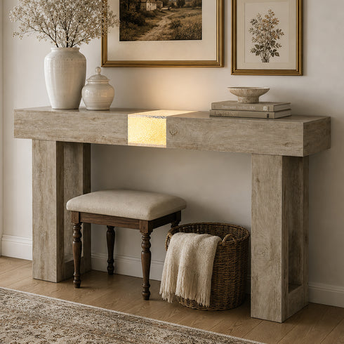 TTGIEET Wooden Console Table with Light, 60-Inch Farmhouse Entryway Table for Entrance, Sofa Table Behind Couch for Living Room