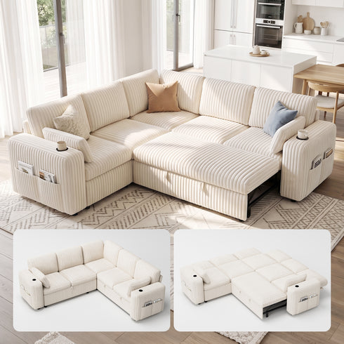 TTGIEET 5-Seater L-Shaped Reversible Sectional Sleeper Sofa, Pull-Out Sofa Bed with Storage & Cup Holders & Adjustable Backrest, Corduroy Couch for Living Room