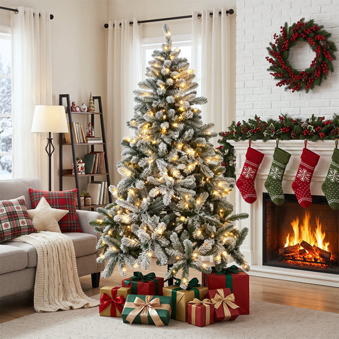 TTGIEET 6FT Pre-Lit Flocked Hinged Christmas Tree with 250 Warm Lights