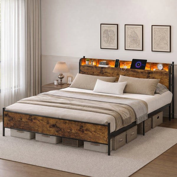 TTGIEET King Size Bed Frame with Storage Headboard, Charging Station & LED Lights – Sturdy Metal Platform, No Box Spring Needed, Easy Assembly, Rustic Brown