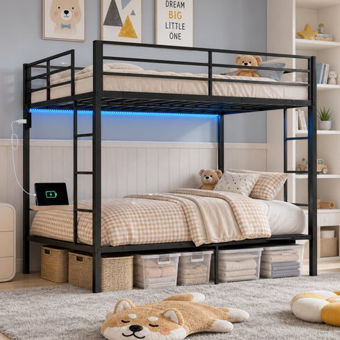 TTGIEET Full Metal Bunk Bed Frame w/ LED & USB Ports, Dual Guardrails, 2 Ladders, Heavy-Duty