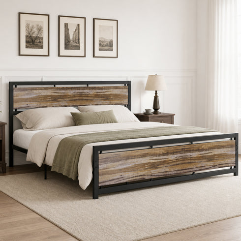 TTGIEET California King Size Metal Platform Bed Frame with Wooden Headboard and Footboard, No Box Spring Needed, Large Under Bed Storage（Light Brown）