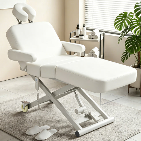 TTGIEET 3-Motor Fully Electric Massage Table, Professional Esthetician Bed with Foot Pedal & Remote Control, Height Adjustable Facial Bed with Face Cradle, Rolling Wheels, 550 lbs Capacity, White