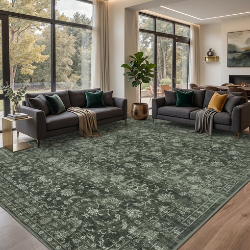 TTGIEET Persian Vintage 8x10 Floral Area Rug, Scalloped Washable Non Slip Stain Resistant Large Carpet for Standard Living King Bedroom Dining Office