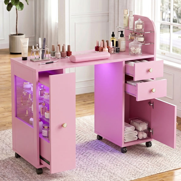 TTGIEET Nail Desk for Nail Tech with Lockable Wheels, Rolling Manicure Table w/LED Light Display Cabinet , Storage Drawers, Dust Collector, Wrist Rest for Beauty Salon, Spa & Home