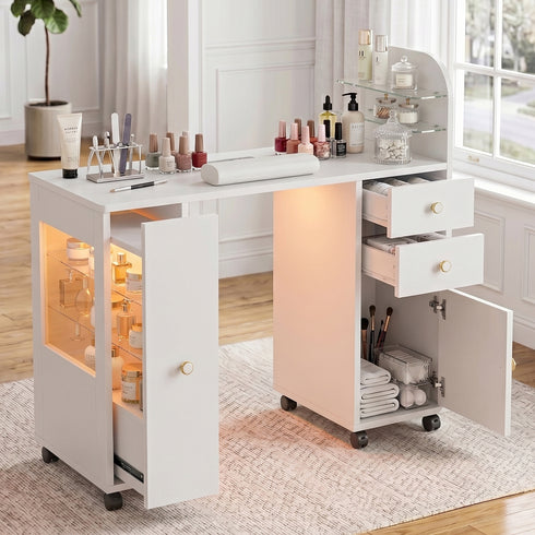 TTGIEET Nail Desk for Nail Tech with Lockable Wheels, Rolling Manicure Table w/LED Light Display Cabinet , Storage Drawers, Dust Collector, Wrist Rest for Beauty Salon, Spa & Home