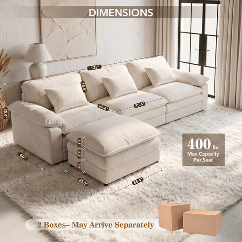 TTGIEET Chenille Cloud Couch L-Shaped, 3-Seat Sofa with Movable Ottoman, Oversized Sectional Couch for Living Room