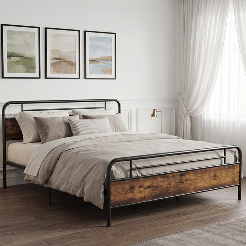 TTGIEET California King Metal Bed Frame w/Wooden Headboard, Footboard, Heavy Duty Steel Slats, Farmhouse Platform Bed Frame w/12" Under Bed Storage, No Box Spring Needed（Rustic Brown）