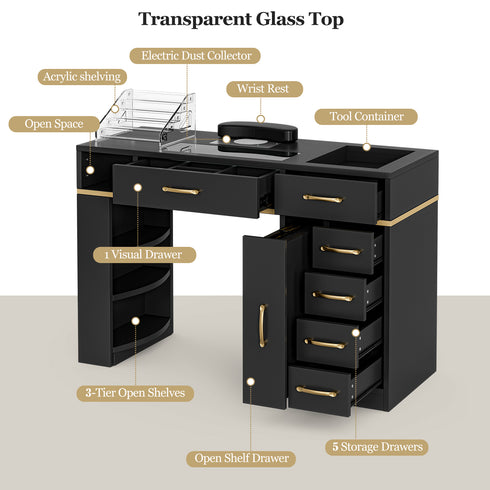 TTGIEET Nail Tech Table with Dust Collector, Glass Top Manicure Table Nail Desk Station w/7 Drawers & 3-Tiers Open Shelves, Nail Beauty Workstation w/Wrist Cushion & Golden Handles