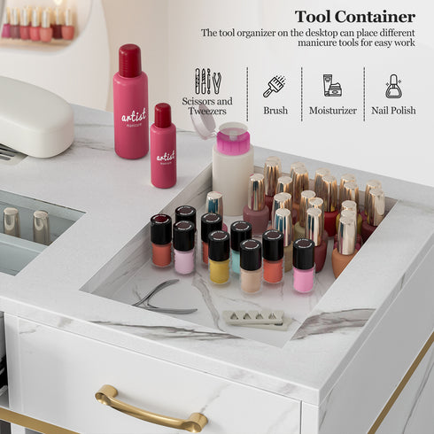 TTGIEET Nail Tech Table with Dust Collector, Glass Top Manicure Table Nail Desk Station w/7 Drawers & 3-Tiers Open Shelves, Nail Beauty Workstation w/Wrist Cushion & Golden Handles