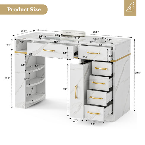 TTGIEET Nail Tech Table with Dust Collector, Glass Top Manicure Table Nail Desk Station w/7 Drawers & 3-Tiers Open Shelves, Nail Beauty Workstation w/Wrist Cushion & Golden Handles