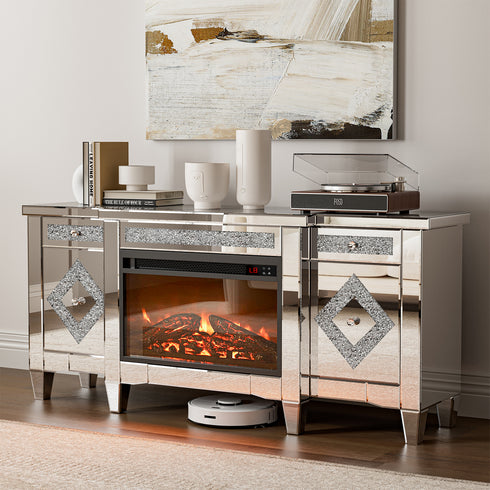 TTGIEET Mirrored TV Stand with Electric Fireplace for 65+ Inch TV, Silver Entertainment Center with Crushed Diamond Finish, Remote Control Storage Drawers for Living Room