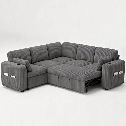 TTGIEET 5-Seater L-Shaped Reversible Sectional Sleeper Sofa, Pull-Out Sofa Bed with Storage & Cup Holders & Adjustable Backrest, Corduroy Couch for Living Room