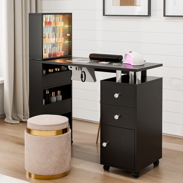 TTGIEET Manicure Table with LED Light, Glass Shelf Door Nail Desk with Dust Collector & Storage Shelves, Nail Tech Table with 2 Drawers & Cabinet for Technician Workstation