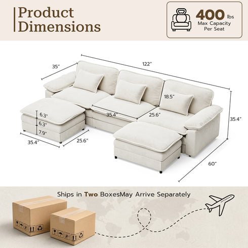 TTGIEET U-Shaped Sectional Sofa, 3-Seat Cloud Couch with 2 Reversible Ottomans, Oversized Chenille Sofa for Living Room