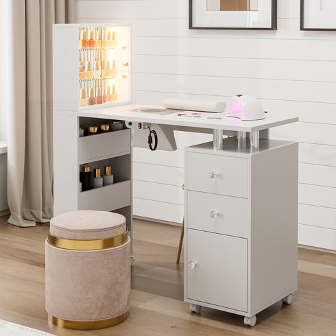 TTGIEET Manicure Table with LED Light, Glass Shelf Door Nail Desk with Dust Collector & Storage Shelves, Nail Tech Table with 2 Drawers & Cabinet for Technician Workstation