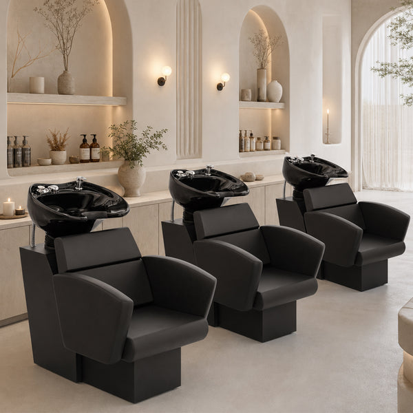 TTGIEET Shampoo Bowl and Chair Set for Salon, Porcelain Tilting Shampoo Sink Station with Adjustable Chair, Backwash Shampoo Station for Hair Salon, Barber Shop, Spa, Black