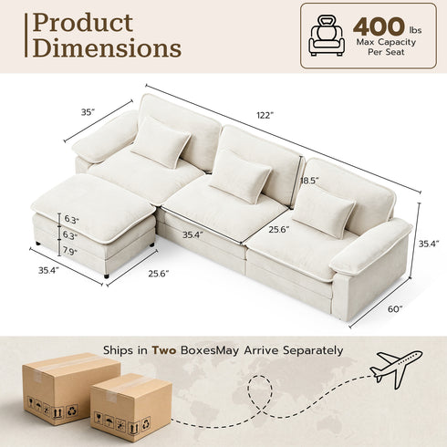 TTGIEET L-Shaped Sectional Sofa, 3-Seat Cloud Couch with Movable Ottoman, Oversized Chenille Sofa for Living Room